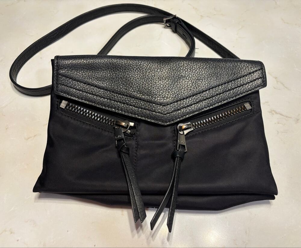 Botkier New York Black Nylon & Pebbled Leather Crossbody Bag Dual Zip Pocket